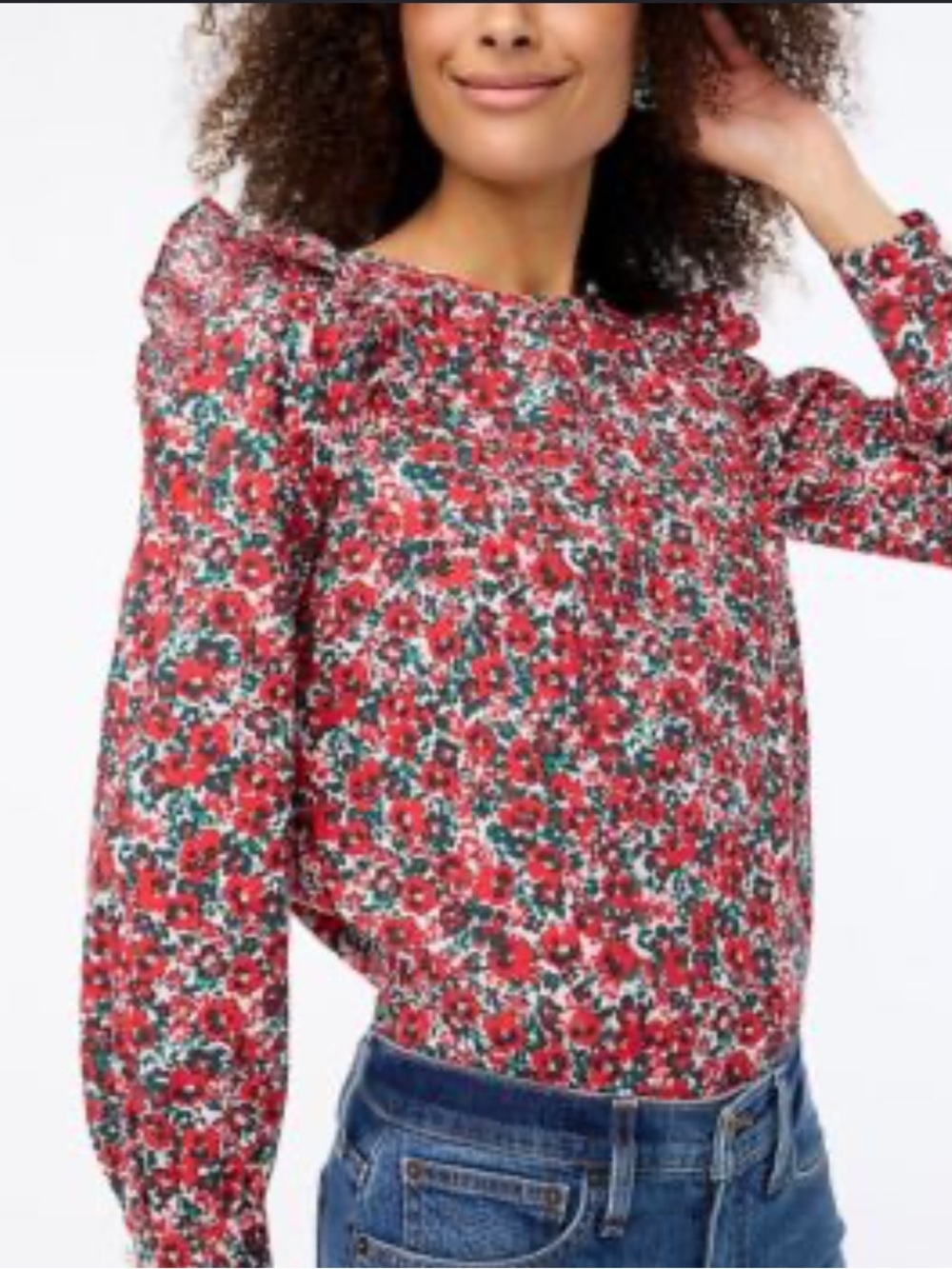 J. CREW Red Floral Puff Shoulder Cotton Poplin Blouse Cottagecore